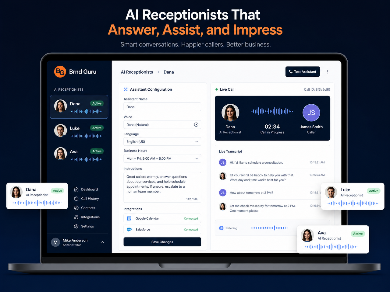 Brnd Guru assistant dashboard with active AI receptionists and a live call in progress